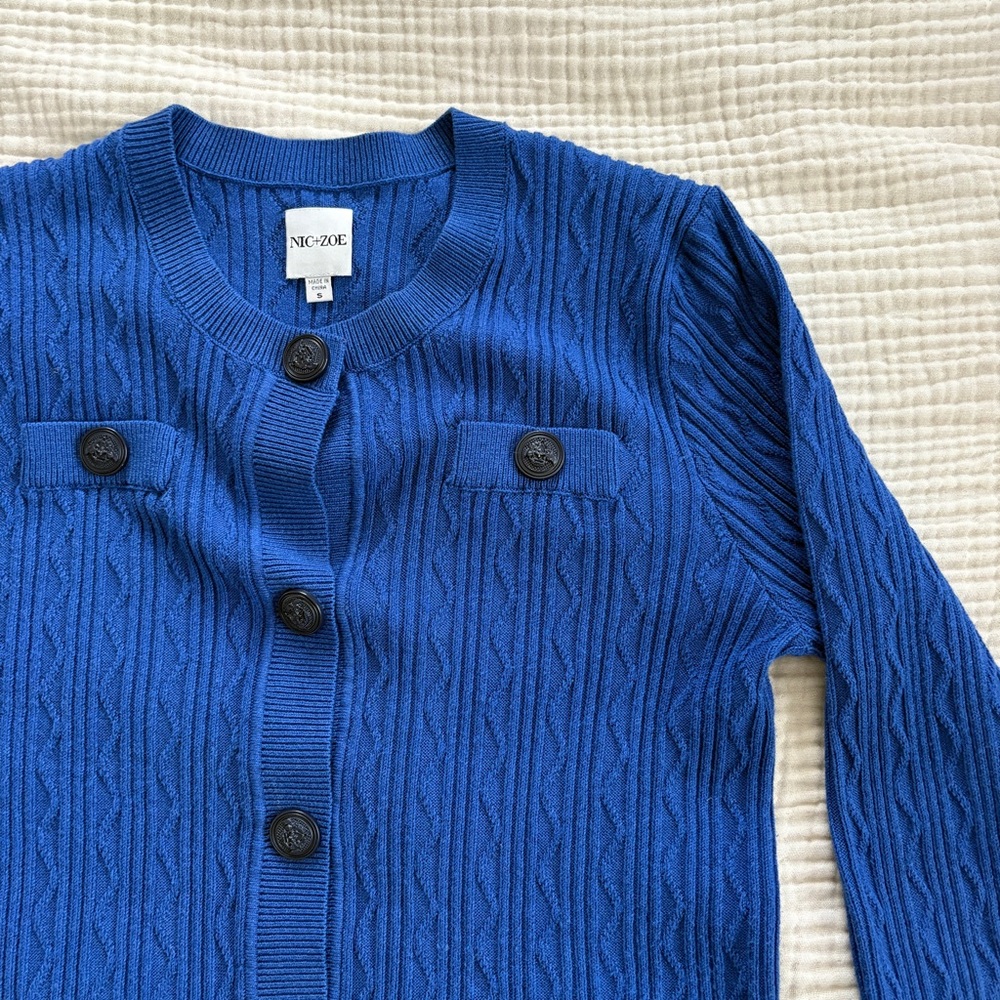 NIC+ZOE Textured Snap Cardigan Womens Size Small Blue Button Front Cable Knit - Picture 3 of 9